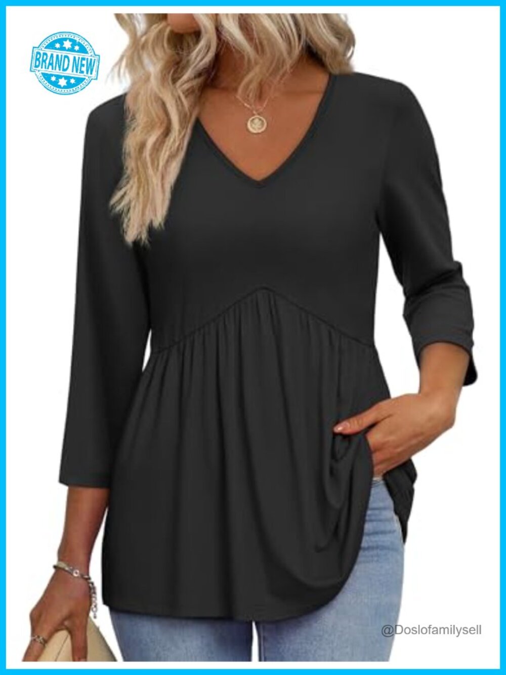 3/4 Sleeve V Neck Babydoll Blouse - Flowy Tunic Top, Loose Fit, Dressy Casual
